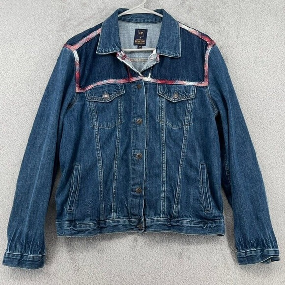Gap x Pendleton Jacket Women XL Blue Denim Jean Icon Plaid Trim Heritage Western - Picture 1 of 16